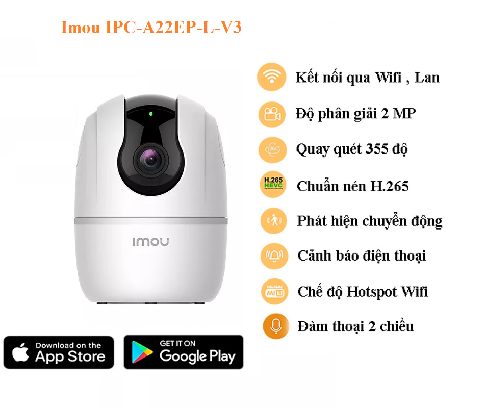 Camera WIFI trong nhà Imou IPC-A22EP-L-V3 đàm thoại 2 chiều, xoay 355 độ