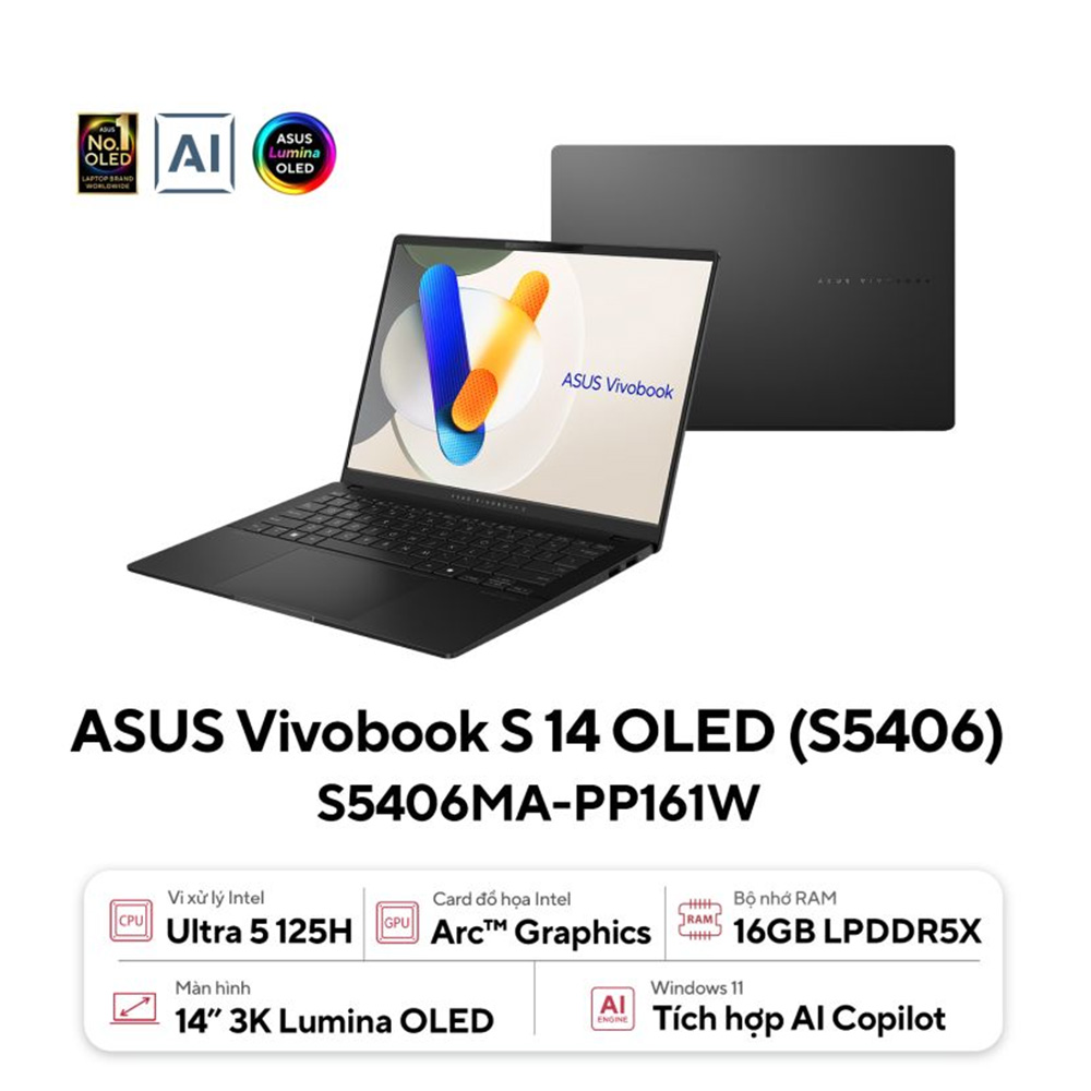 Laptop ASUS Vivobook S 14 OLED S5406MA-PP161W (Intel Core Ultra 5 125H | 16GB | 1TB | Intel Arc | 14 inch 3K 120Hz | Win 11 | Đen)