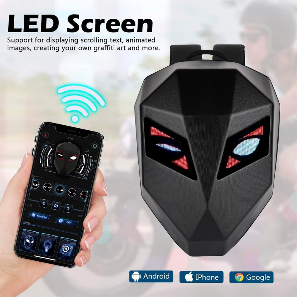 Balo đôi mắt LED HY01 cho Motor có màn SmartScreen cá tính,đựng Mũ Bảo hiểm,DIY LOGO,có APP mobile ,khoá chìm,thời trang