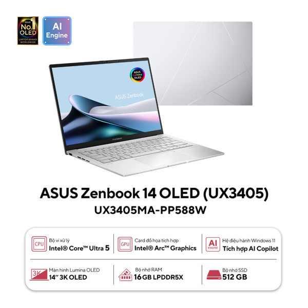 Laptop Asus Zenbook 14 OLED UX3405MA-PP588W (Intel Core Ultra 5 | 16GB | 512GB | Intel Arc | 14 inch 3K | Win 11 | Xám Bạc)