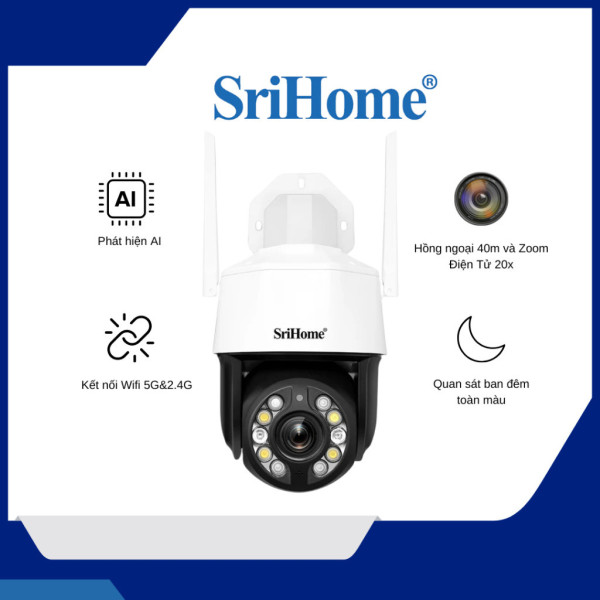 Camera Srihome SH041 5.0MP Zoom Quang 20X - Không Dây Chống Nước Chống Bụi, Có Màu Ban Đêm